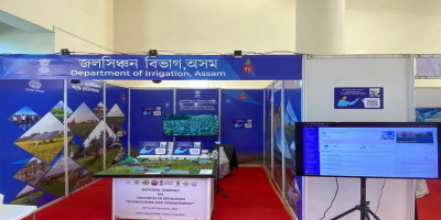 An exhibition stall is set up at the National Seminar on Advances in Irrigation Technologies and Management.